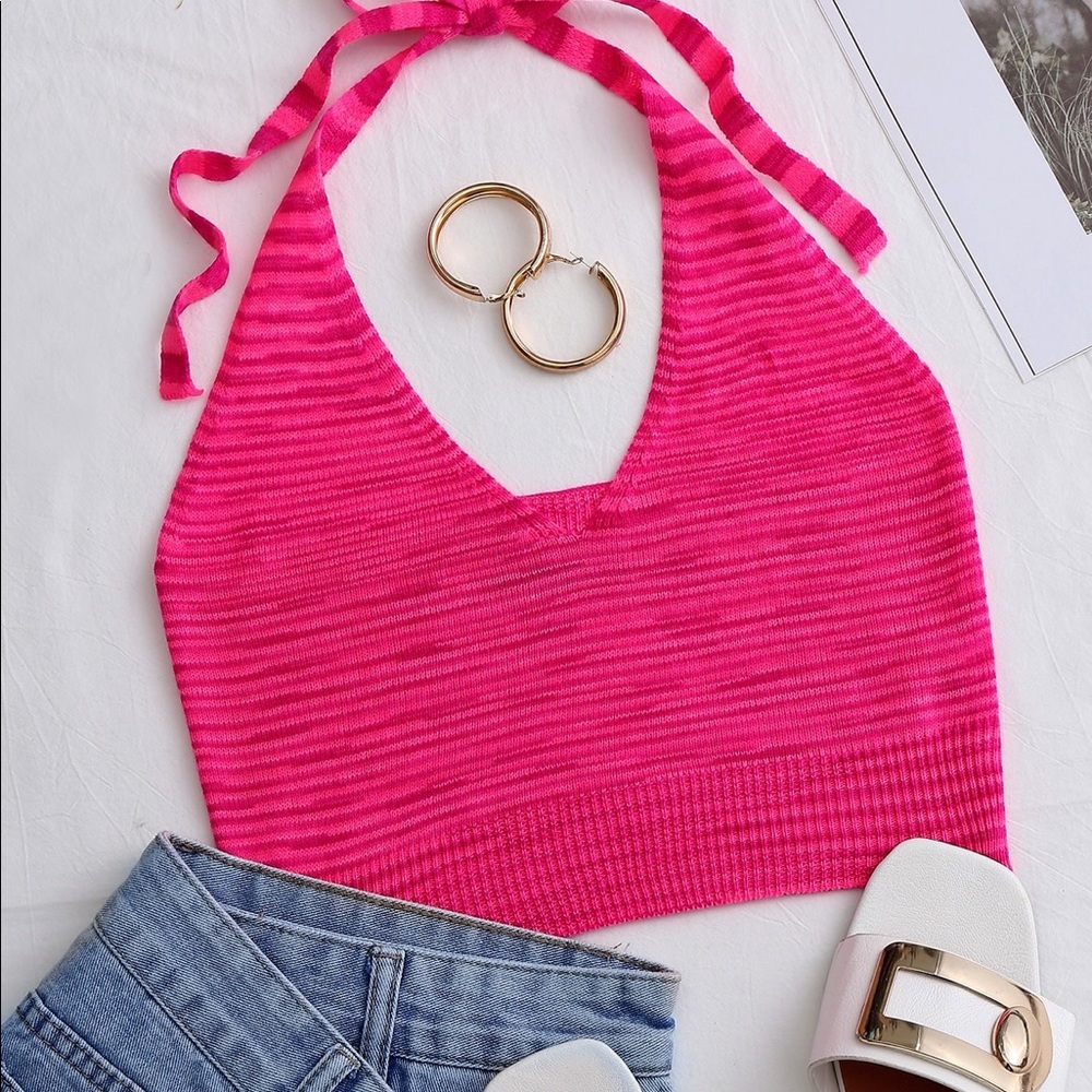 Shein pink halter neck tie back space knit top